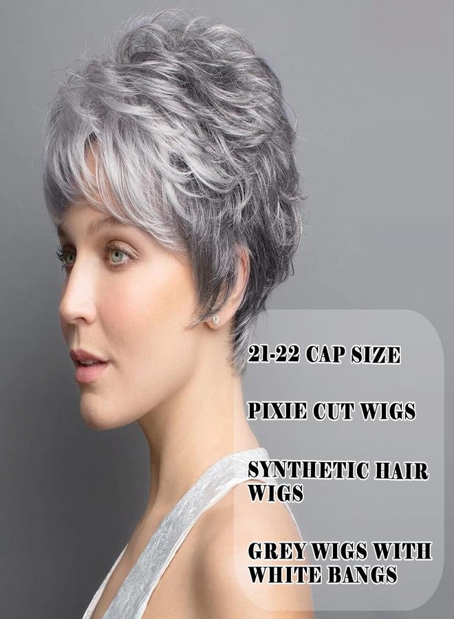 Creamily Short Grey Pixie Cut Wigs with White Bangs Gray Pixie Layered Synthetic Hair Replacement Wig for Women Daily Wear Cosplay Halloween Costume Wigs - Image 2
